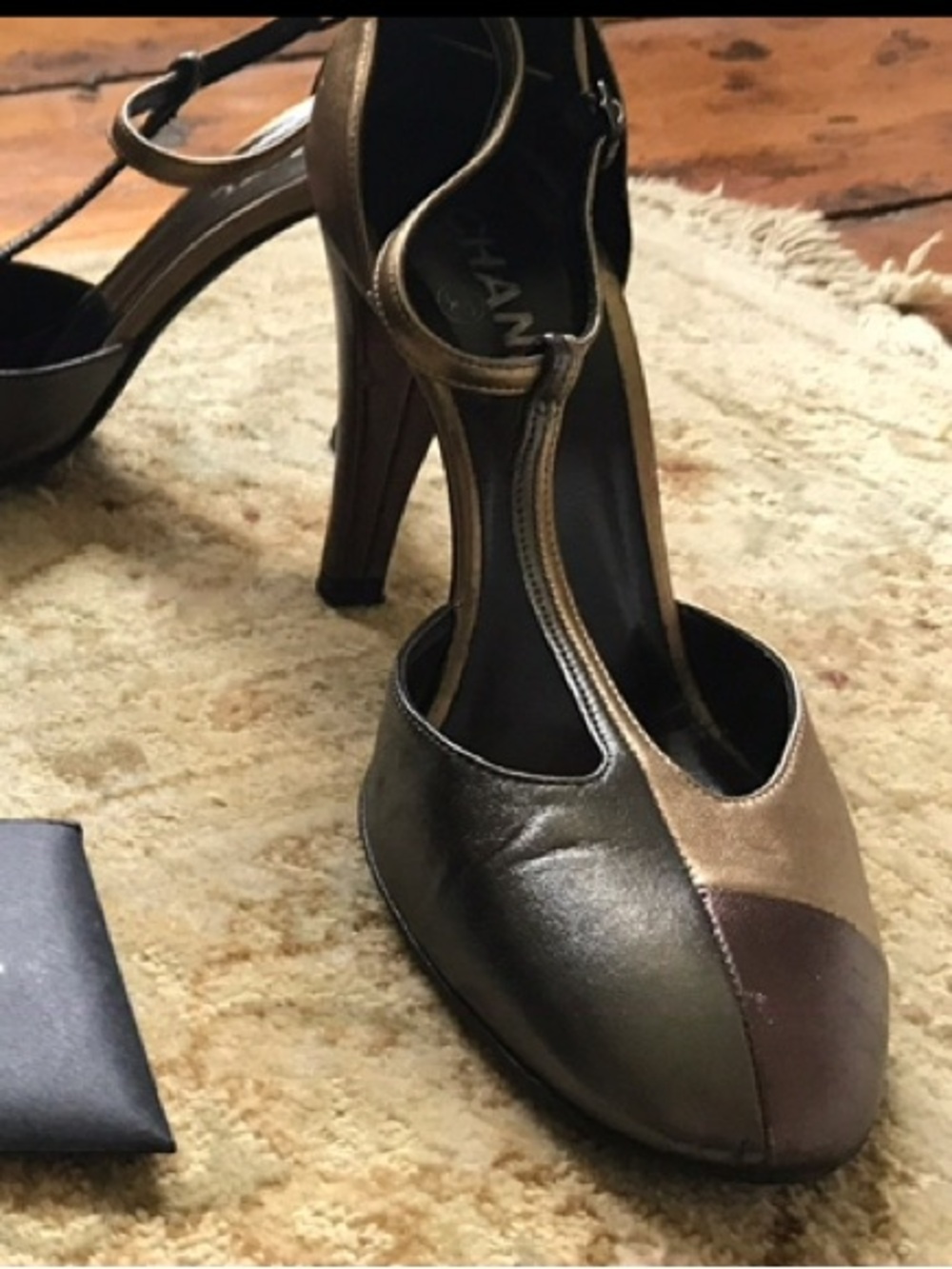 CHANEL Metallic Two-Tone T-Strap High Heels in Bronze and Brown